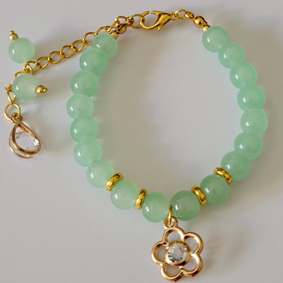Minty Green and Gold Flower Charm Bracelet, Mint Green Charm Bracelet, Bracelet - Picture 1 of 8